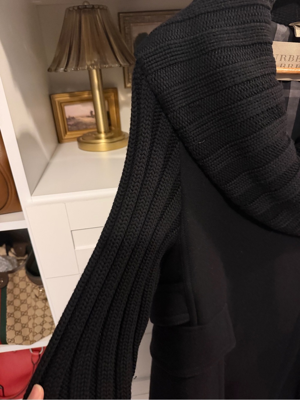 Burberry Black Wool-Blend Trench Coat with Knit Shawl Collar - Picture 4 of 8